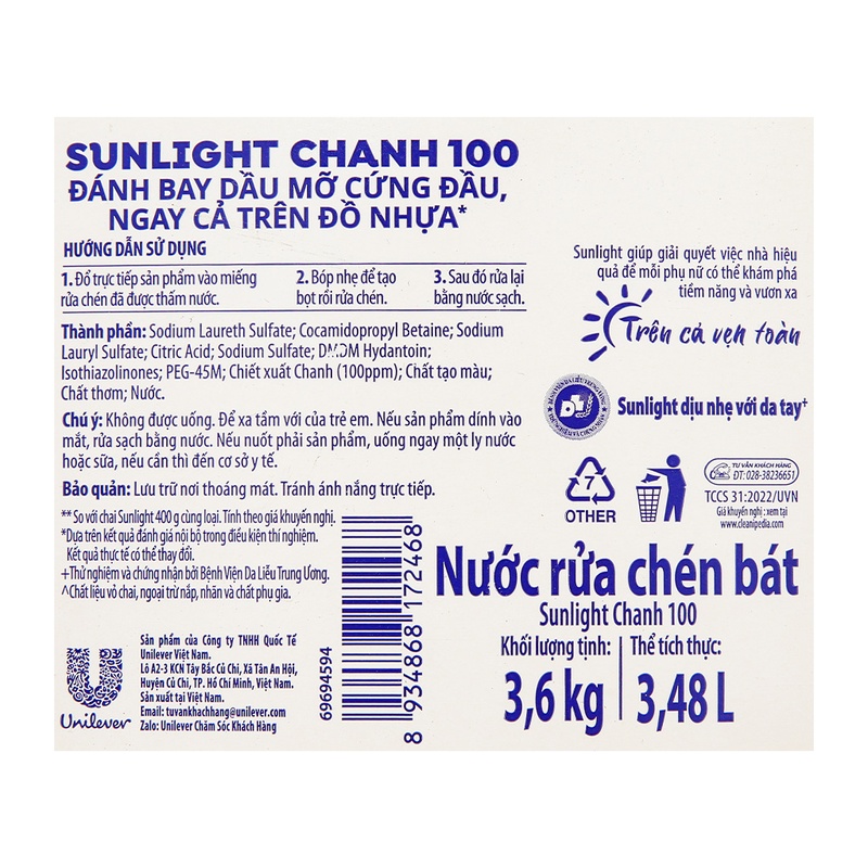 Nước Rửa Chén Sunlight 3.6 Kg / 3.48 L