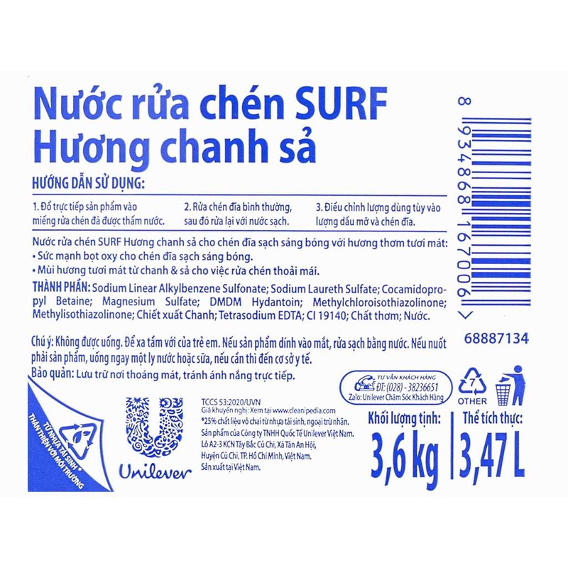 Nước Rửa Chén Surf 3.6 Kg hương chanh xả