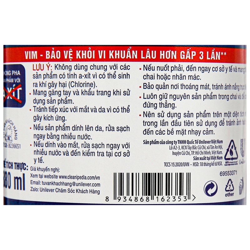 Nước tẩy bồn cầu vim 500ml diệt khuẩn