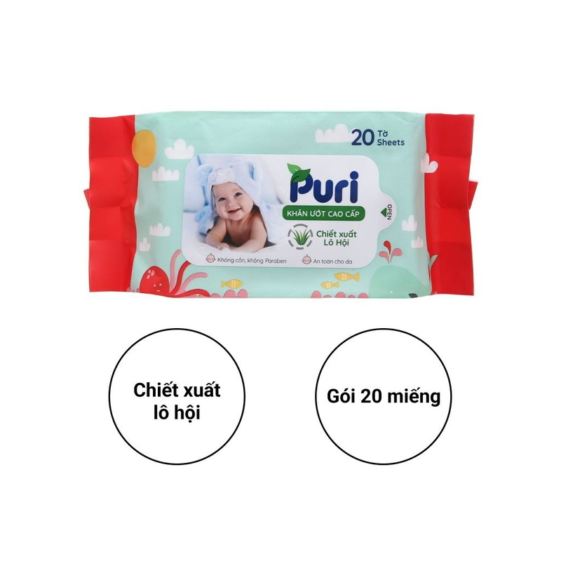 Khăn ướt Puri không mùi 20 từ làm từ chất liệu mềm mại, không chứa cồn hay các chất phụ gia có hại