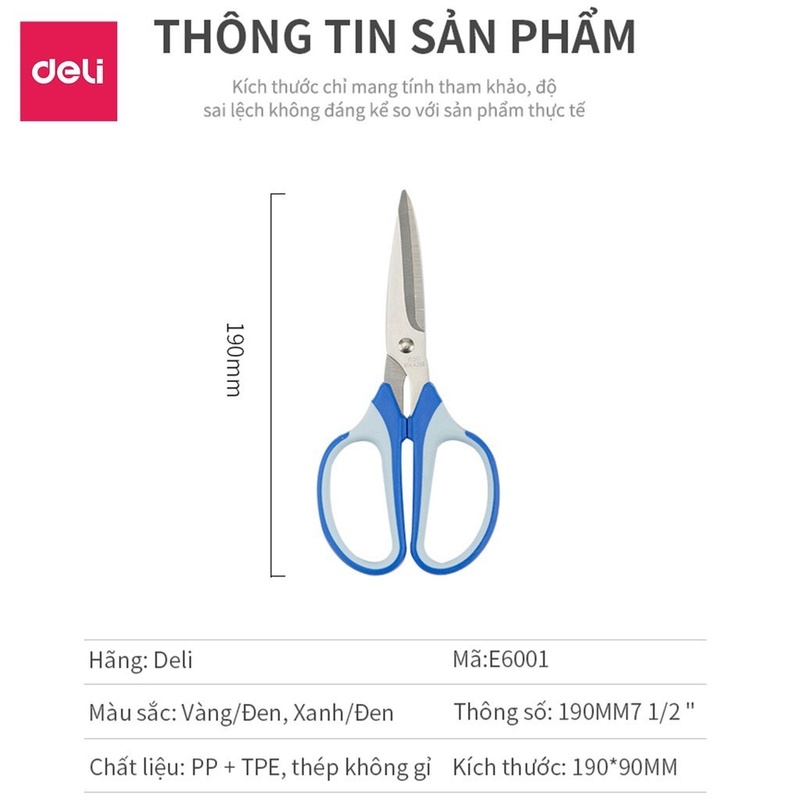 Kéo Deli nhỡ 6001 19cm phù hợp với nhiều kích thước giấy và vật liệu khác nhau