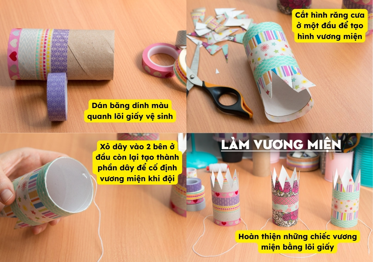 Tái chế lõi giấy vệ sinh thành đồ chơi vương miện