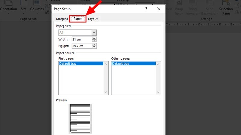 Trong tab Paper, Paper Size, chọn A4 rồi ấn Set as default, OK