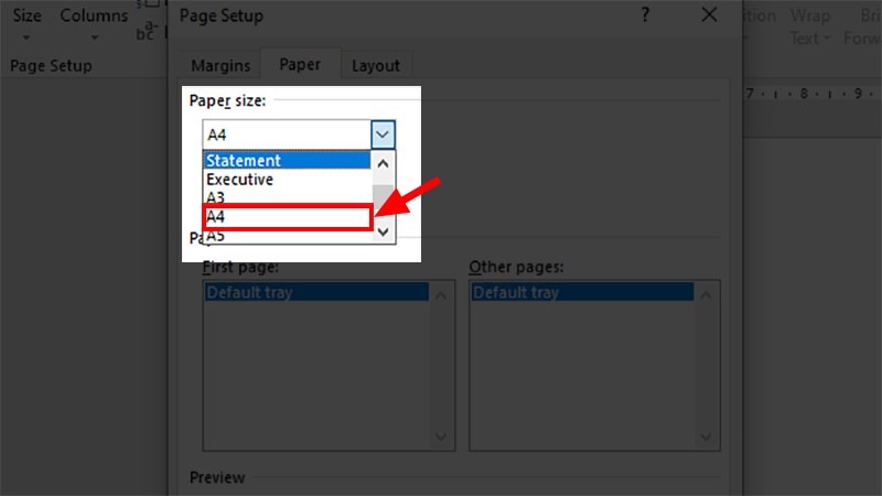 Mở thẻ Paper, chọn Paper size, chọn A4 và nhấn OK