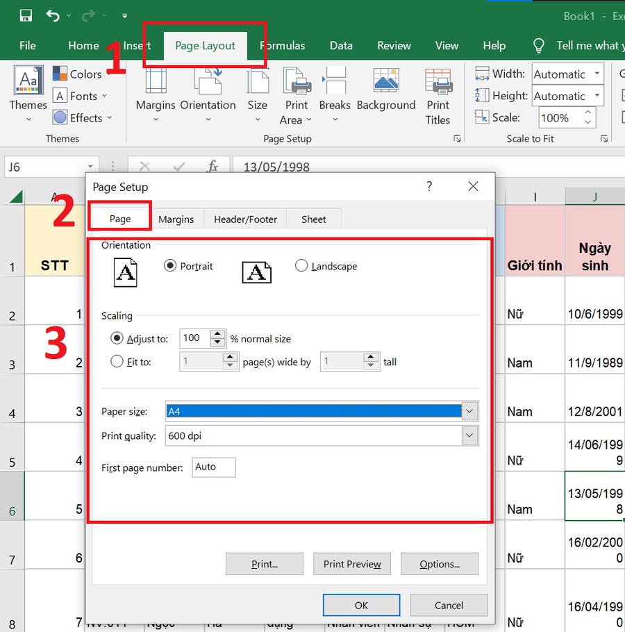 Cách định dạng khổ giấy A4 trong Excel