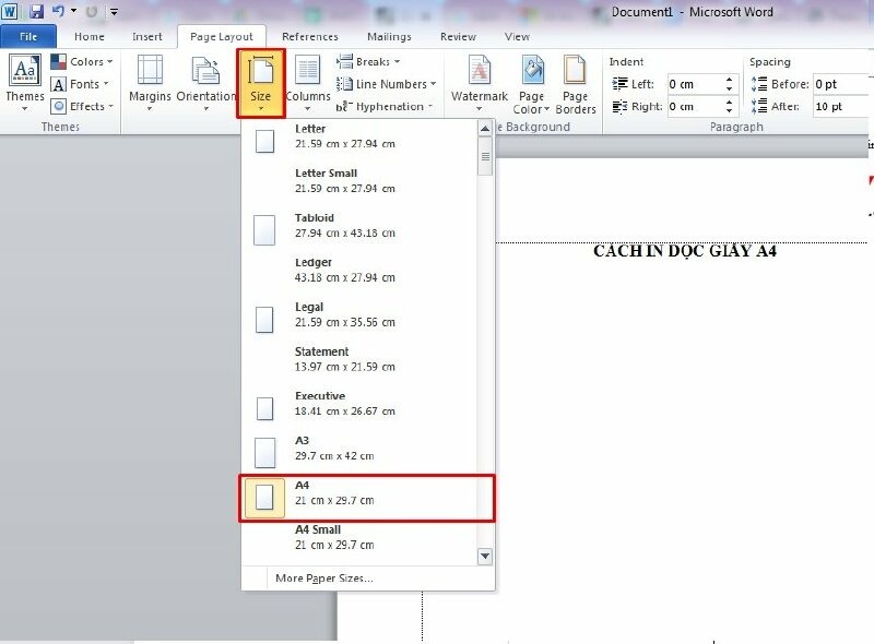 Chọn thẻ Layout, Size và kích thước A4 cho từng văn bản Word