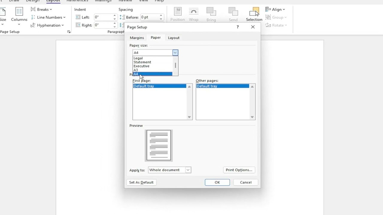 Trong hộp thoại Page Setup, chọn Paper, Paper Size, A4 để đặt khổ giấy A4 làm mặc định cho mọi file Word