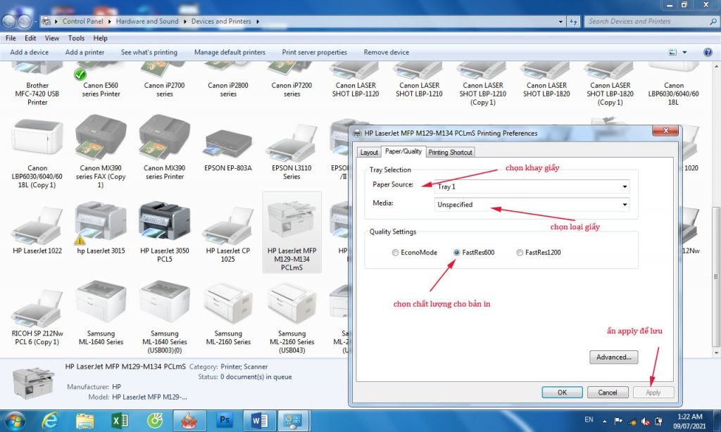 Vào Printer Properties hoặc Preferences để thiết lập các tùy chọn in file ảnh giấy A4
