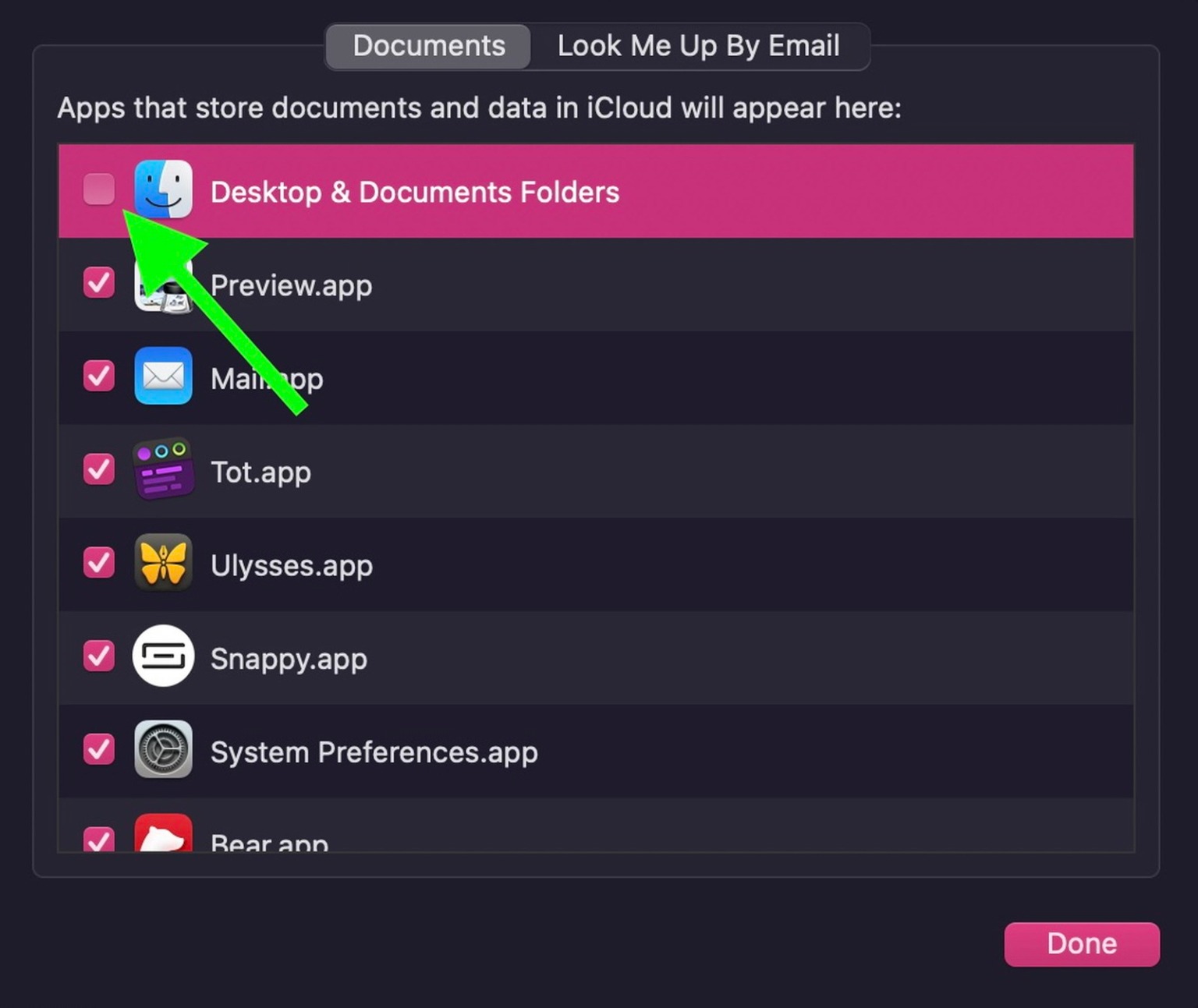 Click chọn ô vuông bên phải Desktop Documents Folders, bật đồng bộ sao lưu trên iCloud là xong