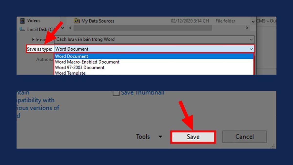 Chọn định dạng văn bản cần lưu trong Save as type rồi nhấn Save