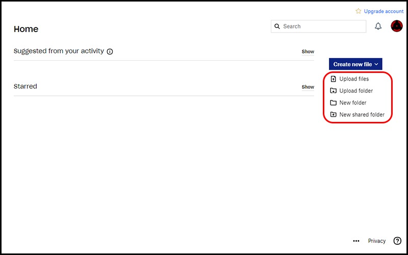 Sau khi đăng nhập tài khoản Dropbox thành công, sử dụng chức năng Create new file để tải lên và lưu trữ hồ sơ