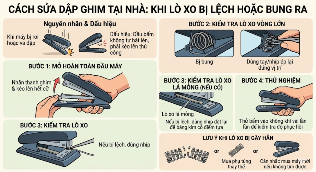 Cách sửa dập ghim tại nhà khi lò xo bị lệch hoặc bung ra
