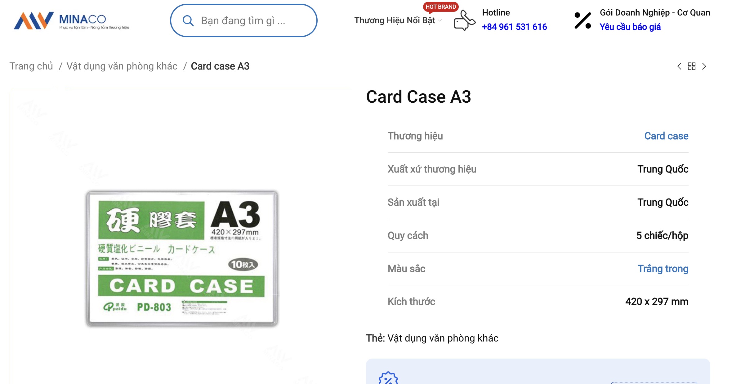 Văn phòng phẩm Minaco cung cấp card case trắng trong A3