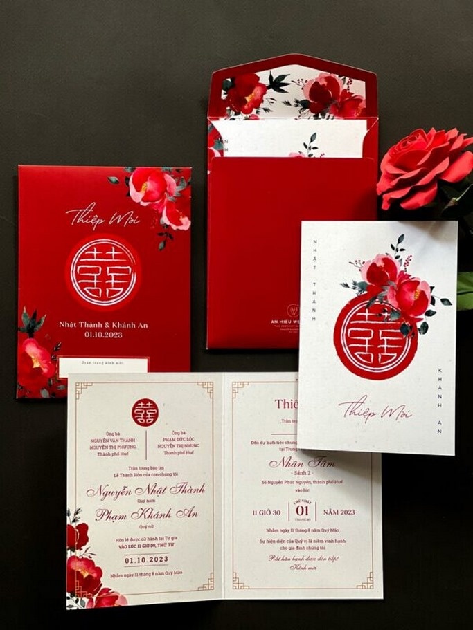 Thiệp cưới cao cấp in giấy mỹ thuật màu đỏ đô