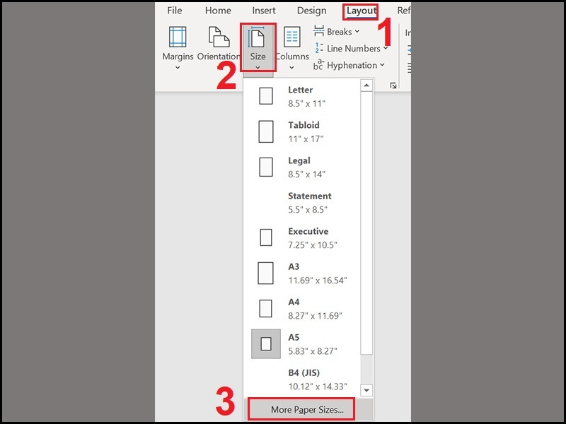 Trên Word, chọn More Paper Sizes để hiện khổ giấy A7