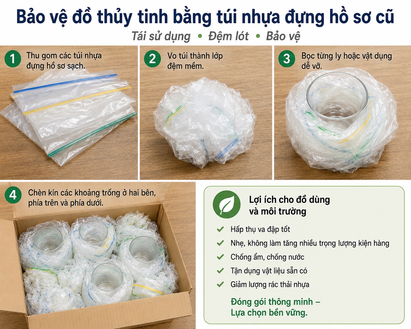 Dùng túi đựng hồ sơ cũ làm lớp đệm chống sốc bảo vệ đồ thủy tinh