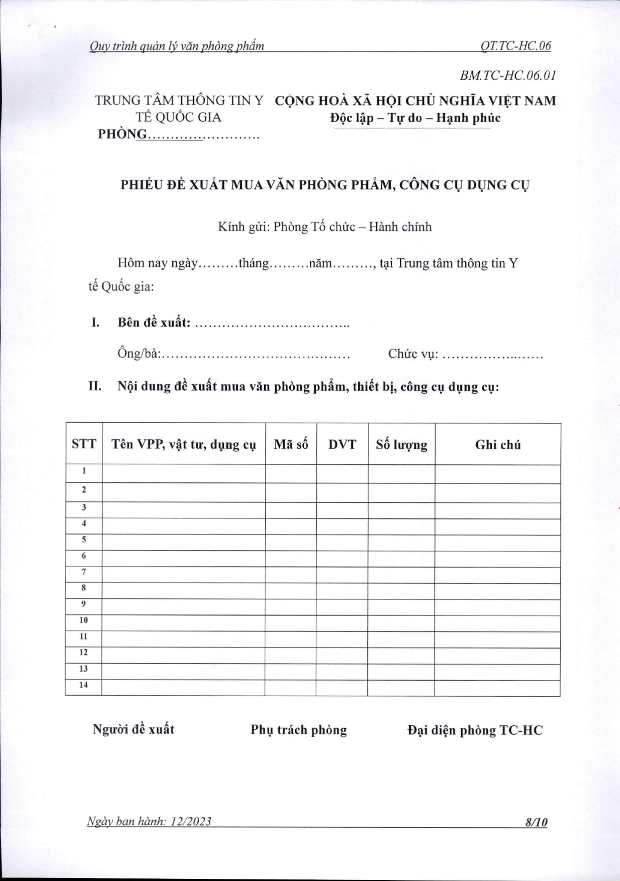 Phiếu đề xuất mua đồ dùng văn phòng, dụng cụ hành chính