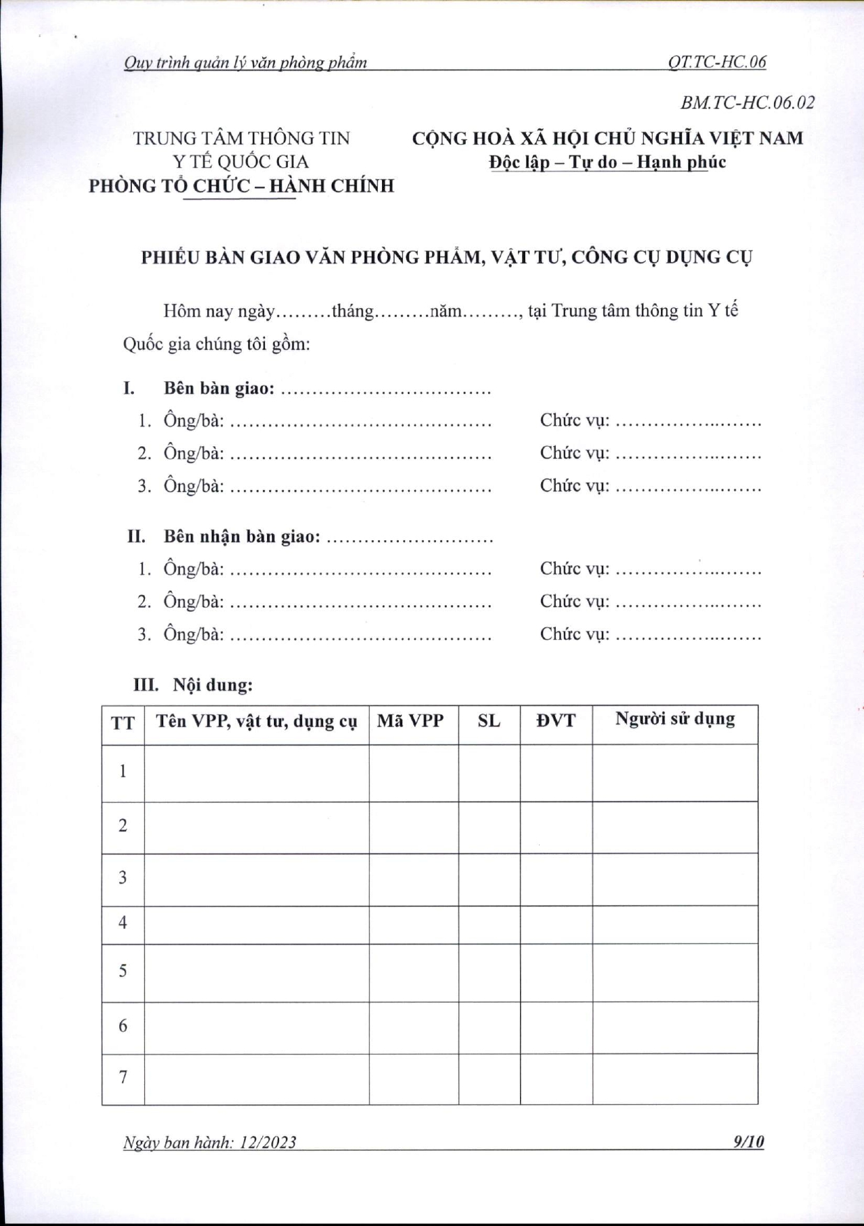 Phiếu bàn giao dụng cụ văn phòng