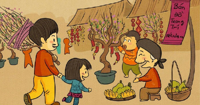 Tranh vẽ tái hiện khung cảnh chợ Tết với những gian hàng bán hoa, bánh mứt, và người mua kẻ bán tấp nập trên giấy A3